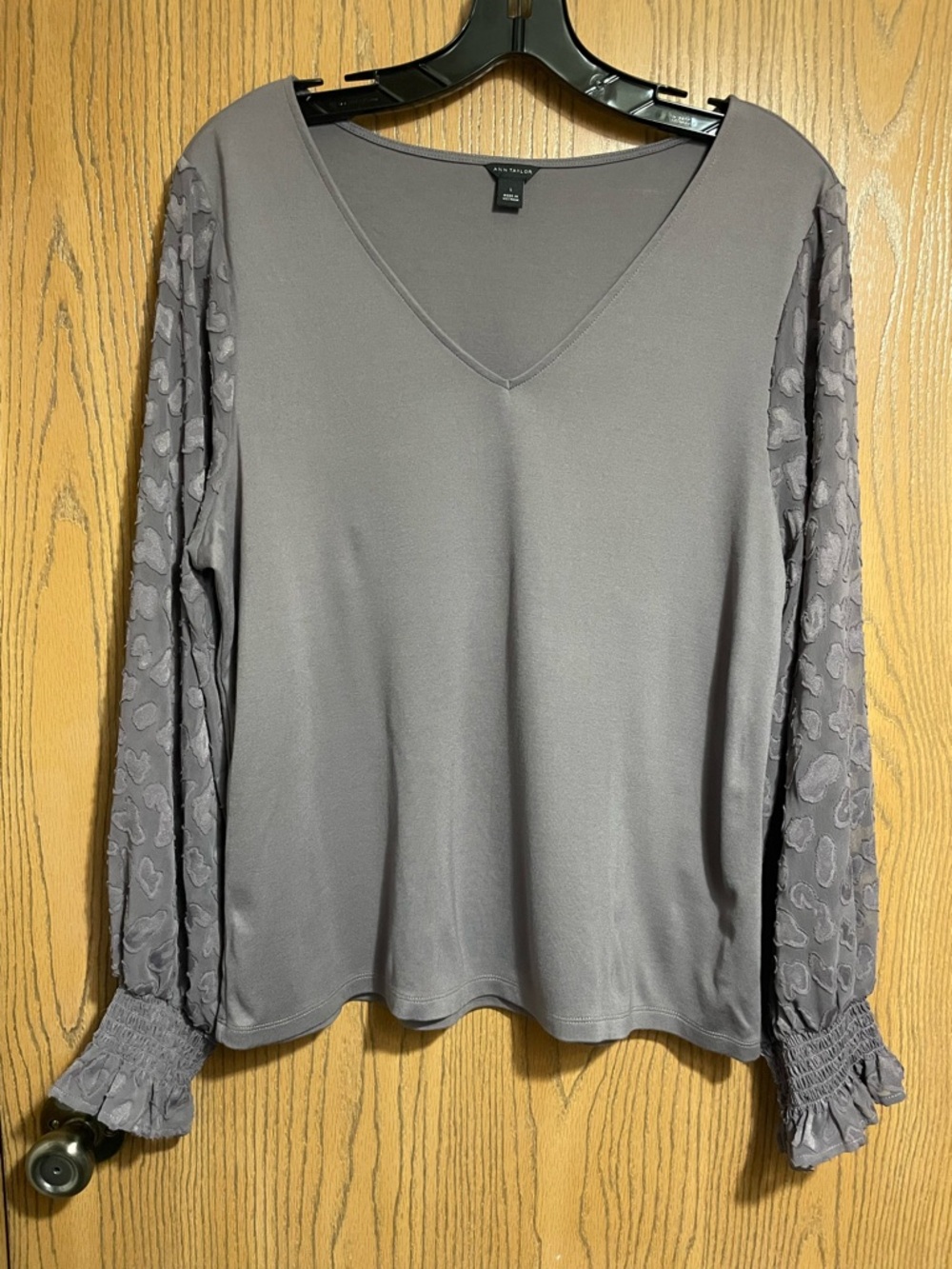 Ann Taylor Purple-Gray V-Neck Long Sleeve Top with Sheer Textured Sleeves